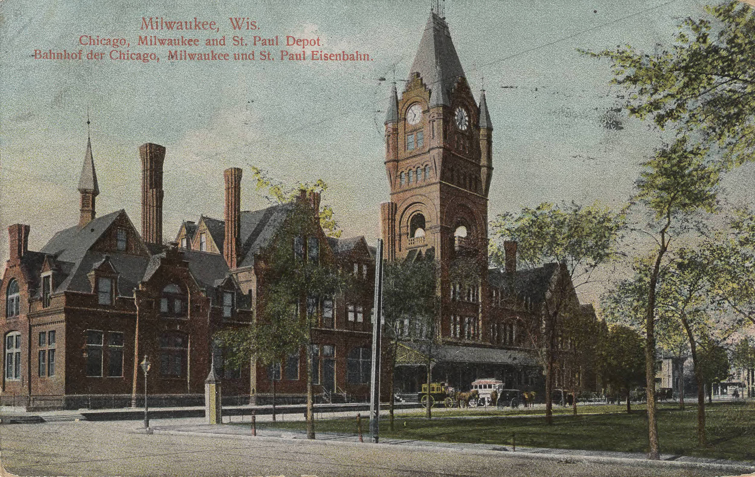 This 1910 postcard showcases the large Milwaukee Road station once located on W. Everett Street. It was designed by prominent architect E. Townsend Mix and first opened in 1886. 