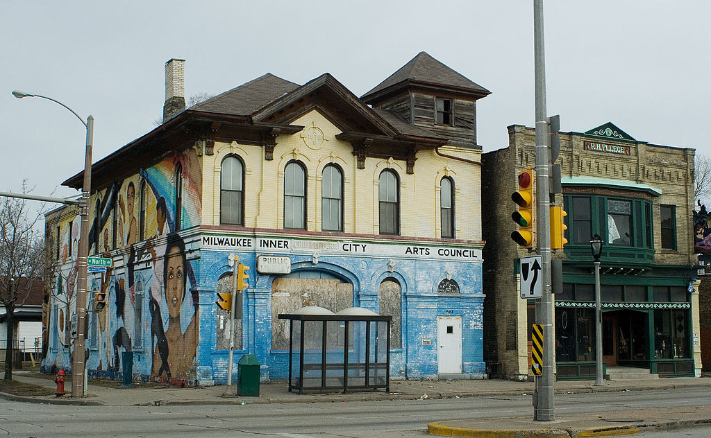 Pictured here in 2010, the former Inner City Arts Council building features a mural by local community artist Reynaldo Hernandez.