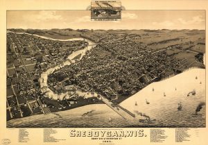 The 1885 bird's eye view map of Sheboygan depicts the city connected by the Sheboygan River and bordering Lake Michigan. The map illustrates the area's public facilities, industrial places, and businesses. The map title is written on the center bottom, and the map legend is on the bottom left and right.