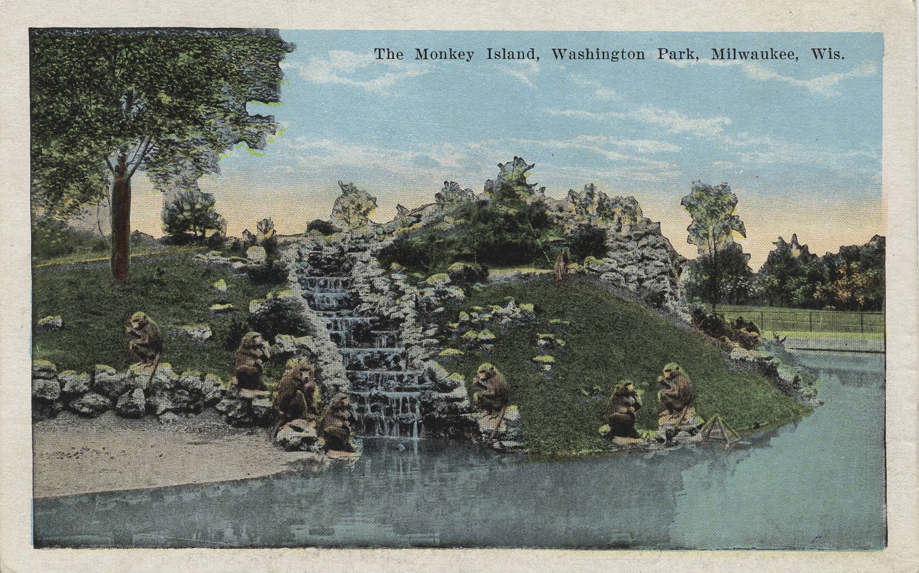 One of Washington Park's first popular animal exhibits was Monkey Island, illustrated on this 1927 postcard.