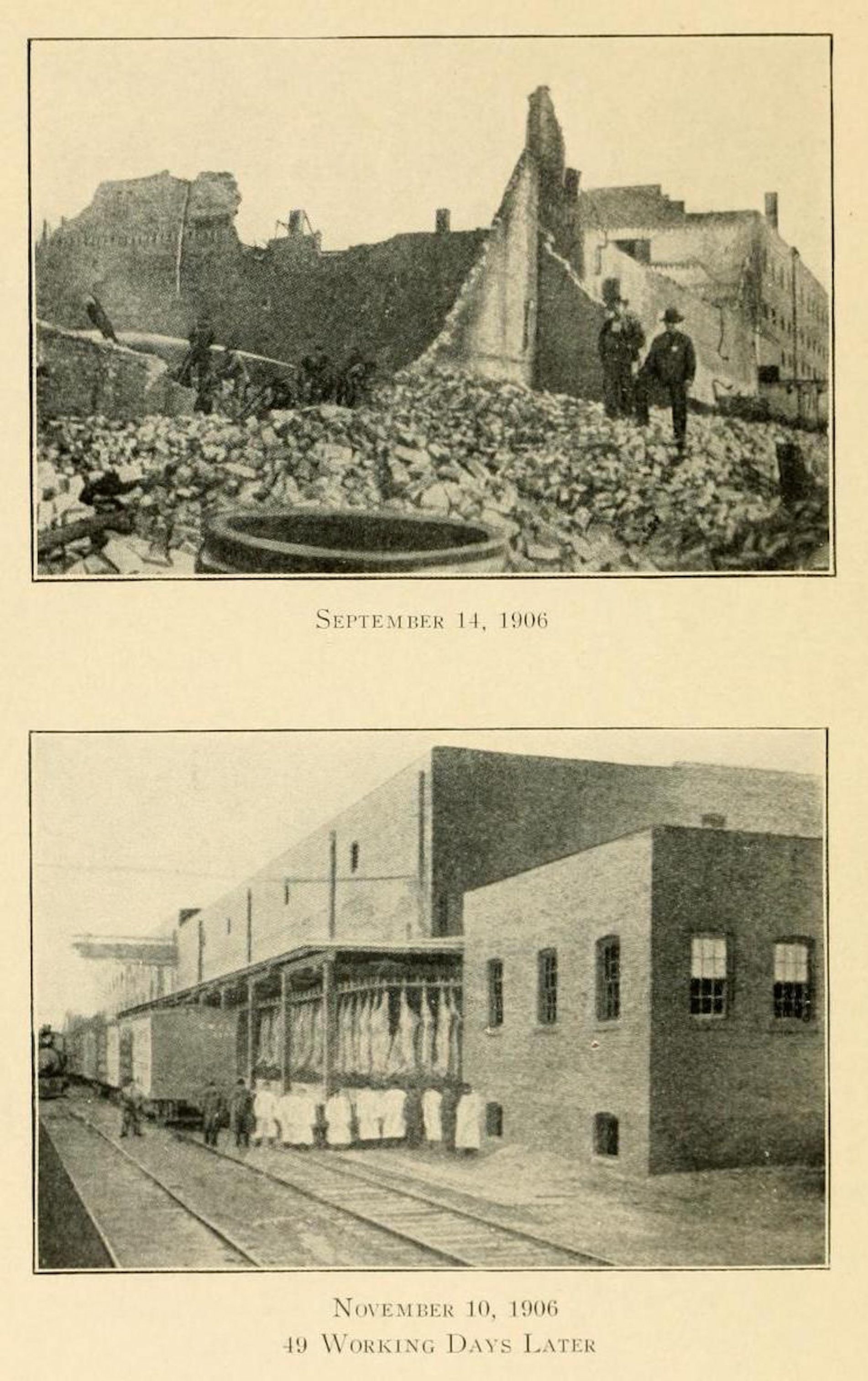 In September 1906, the Cudahy Brothers plant caught fire and sustained significant damage. However, as illustrated by these images, the building was restored and running 49 days later. 
