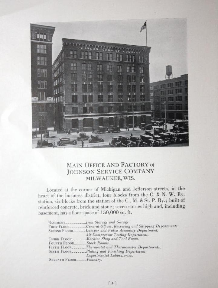 This page from a 1924 Johnson Controls publication, then known as the Johnson Service Company, features the company's headquarters and building directory.