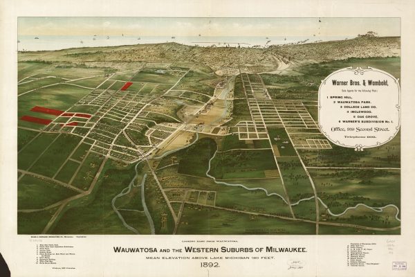 This 1892 map provides a bird's-eye illustration of Wauwatosa and Milwaukee's western suburbs looking east toward the city and Lake Michigan.