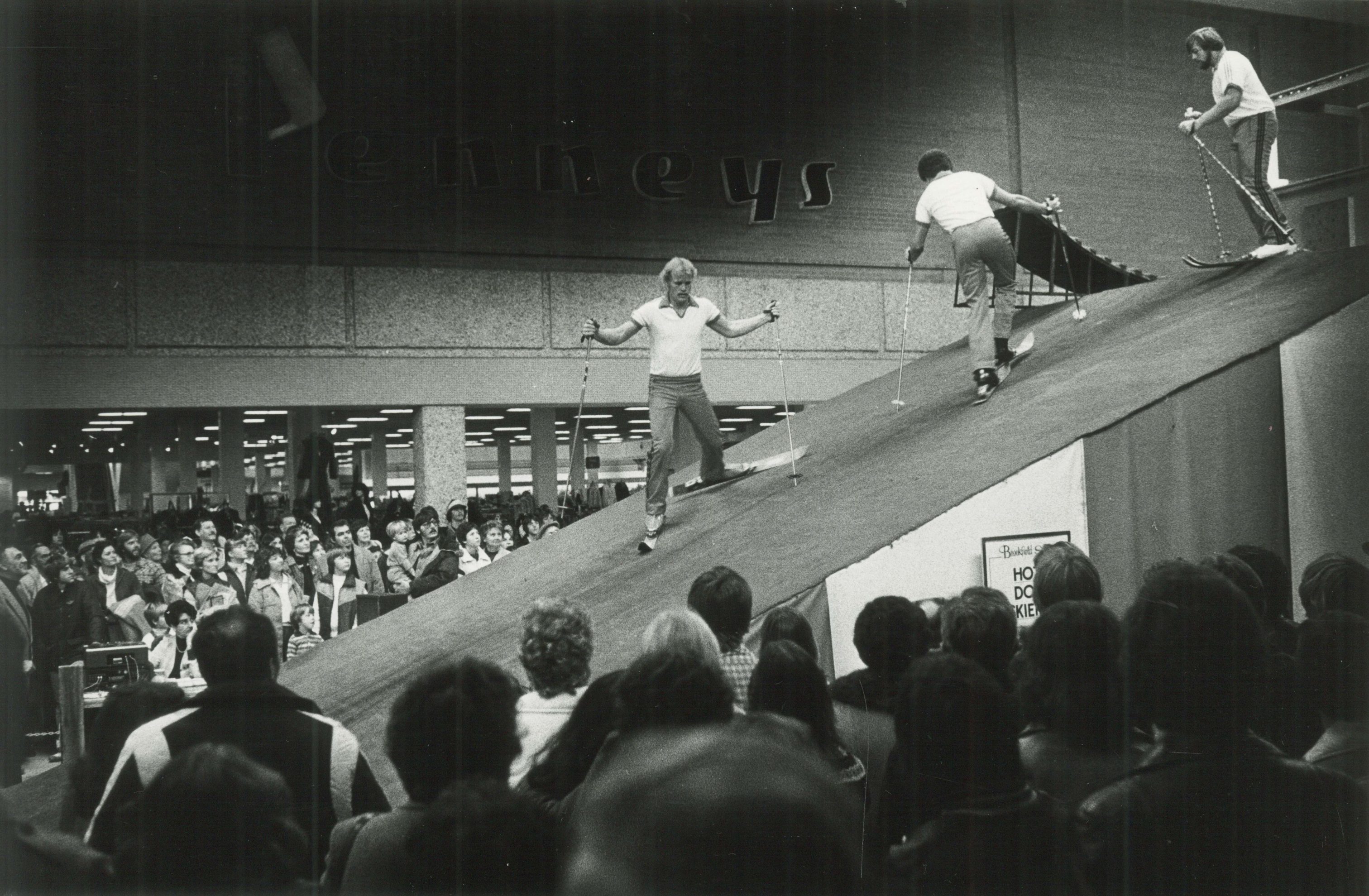 Three men provide a ski demonstration for onlookers at the Brookfield Square Mall in 1980. Opened in 1967, it was the first enclosed mall in the Milwaukee area. 