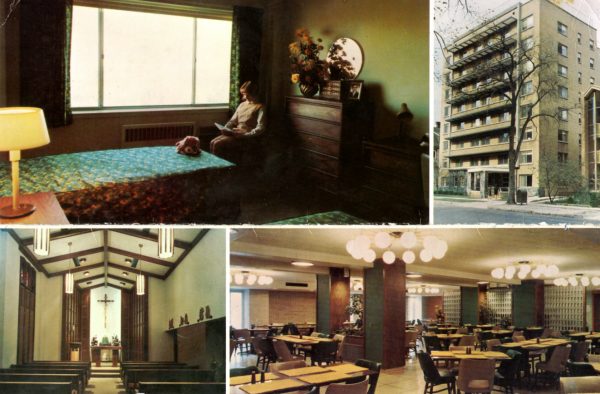 This postcard of St. Catherine's Residence for Young Women from between 1966 and 1980 illustrates both the building's exterior and its interior facilities.