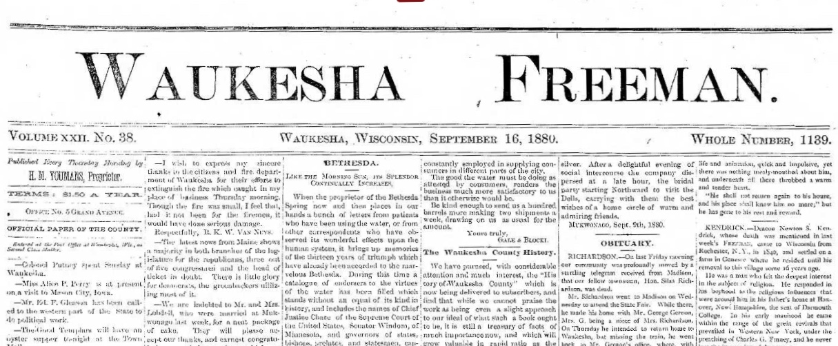 The Waukesha Freeman has served Waukesha area residents since 1859. This front page clipping is from September 16, 1880.