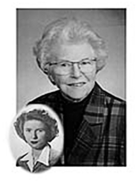 A blurry medium shot of Catherine B. Cleary from the chest up smiling in glasses and a checked pattern blazer. A small headshot of Cleary when she was younger appears on the left bottom corner of this image.