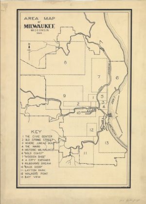 The 1940 area map of Milwaukee shows the region divided into thirteen areas by dotted black lines. Each area is labeled with a number. The map key is written at the bottom left corner.