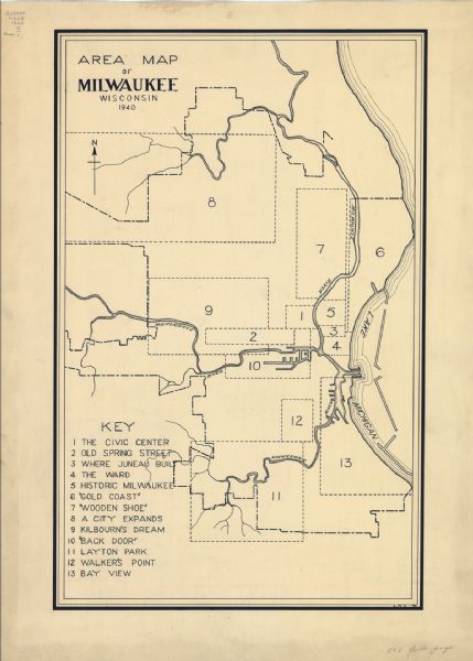 Created by the Federal Writers Project in 1940, this map divides Milwaukee into thirteen distinct areas. 