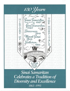 A page from the Aurora Sinai history booklet in predominantly greenish-blue and white colors. It illustrates the hospital's history of over 130 years in a combination of different symbols. On a tree picture in the middle are inscribed numerous hospital name changes. The bottom reads, "Sinai Samaritan Celebrates a Tradition of Diversity and Excellence 1863-1993."