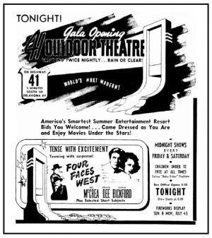 An advertisement consisting of two promotional materials. The upper portion displays words and pictures promoting the 41 Twin Outdoor Theater's gala opening. The bottom portion features the "Four Faces West" movie poster on the left and the shows' schedules on the right.