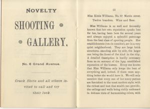 Page 12 and page 13 of the "Sporting and Club House Guide to Milwaukee" book. Page 12 on the left advertises the "Shooting gallery" in the city. Page 13 on the right contains a narrative about Miss Kittie Williams.