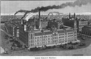 This illustration from 1886 depicts the Schlitz Brewery towering in the foreground while the city of Milwaukee stands in the background.