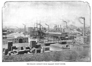 This 1892 illustration depicts Milwaukee's milling district as it was seen from the Pleasant Street Bridge. 