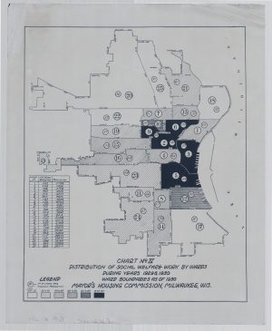 This map illustrates the distribution of social welfare work in each of Milwaukee's city wards in 1929 and 1930. 
