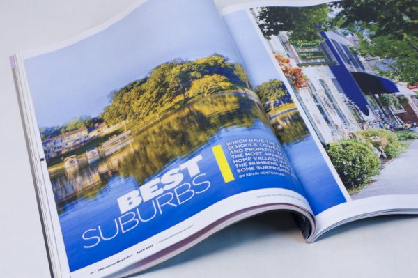 Pages inside an issue of Milwaukee Magazine showcase the panoramic views of Milwaukee's suburban landscape.