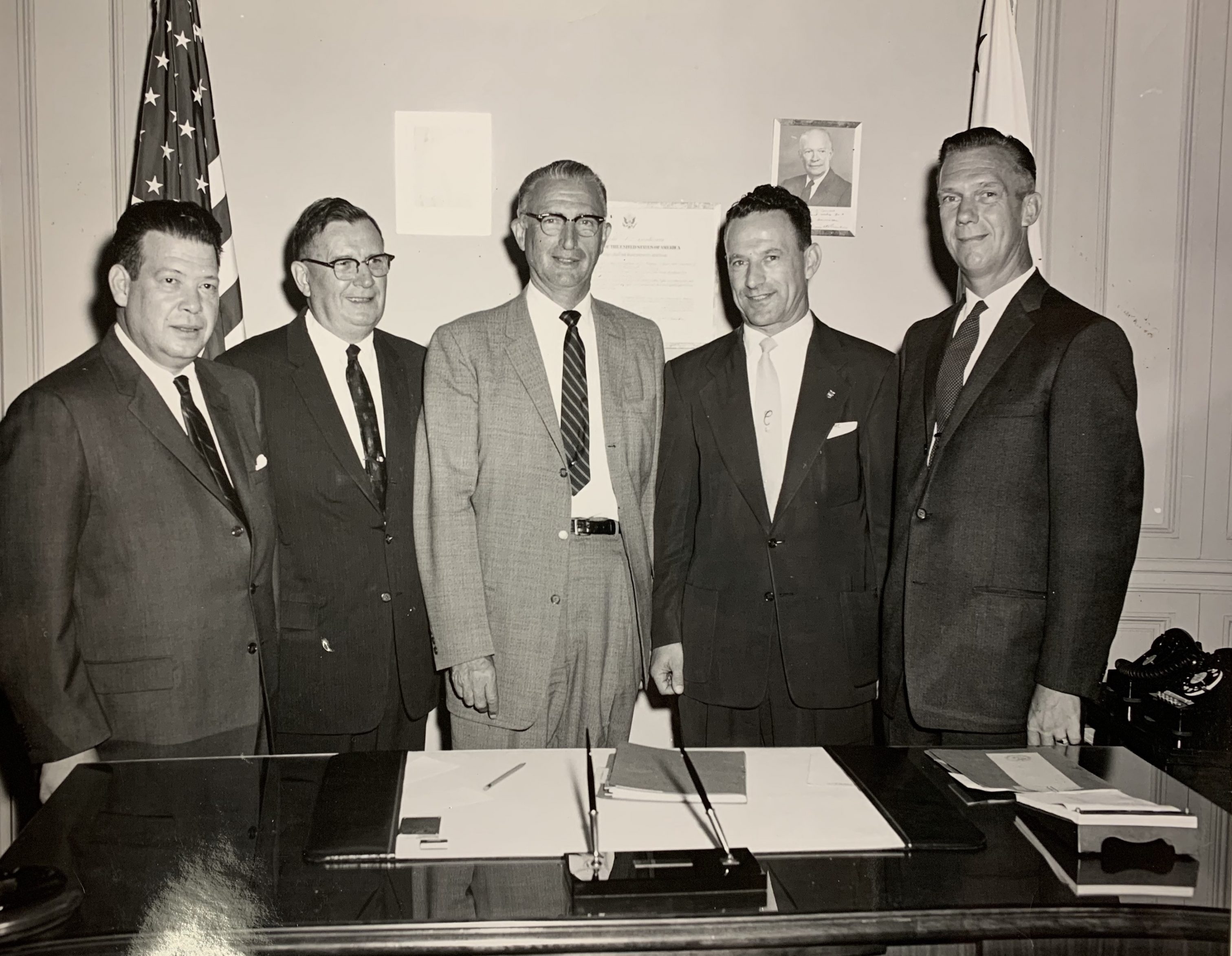 Jacob Friedrick (second from left) is pictured with his fellow members of the Berlin Trade Fair trade union team and Under Secretary of Labor James T. O'Connell (center) prior to their trip to Berlin in 1958.