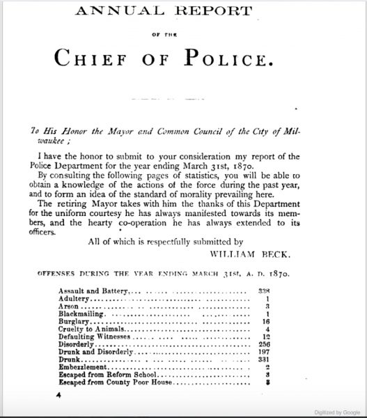 Image of one of the pages of William Beck's 1870 report. The document's heading reads "Annual Report of Chief of Police" written in the largest font. Displayed beneath the title is Beck's short letter to the Mayor and Common Council of the City of Milwaukee. The report's table of contents fills the bottom portion of the page.