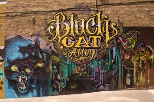 Long shot of a mural on a cream brick exterior wall. The artwork depicts imaginary cats with scary appearances on the left and right. They flank the center section that illustrates an alley at nighttime, painted in a mix of purple and green neon and black. Above it is a vivid graffito that reads "Black Cat Alley." A small portion of a road appears in the foreground.